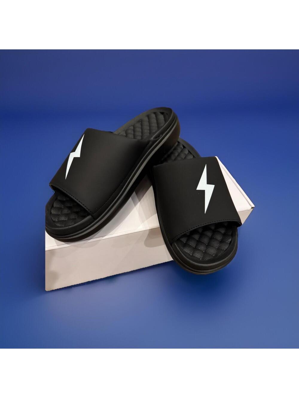 Black Men's Slide Sandals with White Lightning Accent